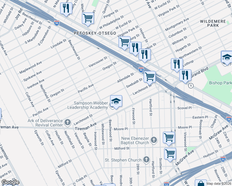 map of restaurants, bars, coffee shops, grocery stores, and more near 4555 Seebaldt Street in Detroit