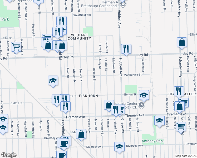 map of restaurants, bars, coffee shops, grocery stores, and more near 8335 Robson Street in Detroit