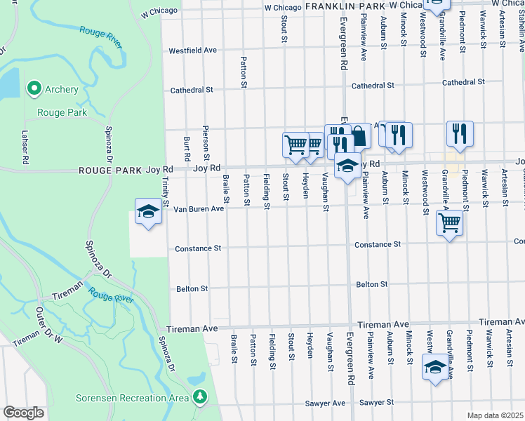 map of restaurants, bars, coffee shops, grocery stores, and more near 8515 Fielding Street in Detroit
