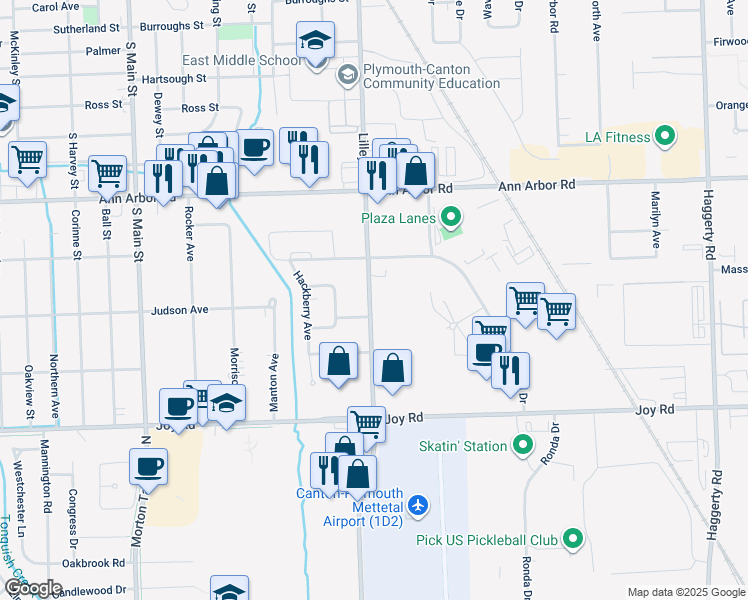 map of restaurants, bars, coffee shops, grocery stores, and more near 9161 North Lilley Road in Plymouth