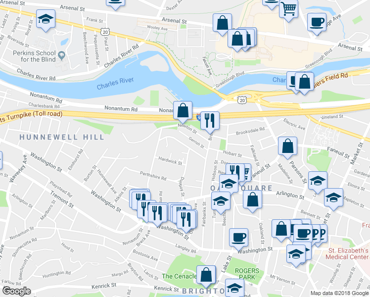 map of restaurants, bars, coffee shops, grocery stores, and more near 183 Bigelow Street in Boston