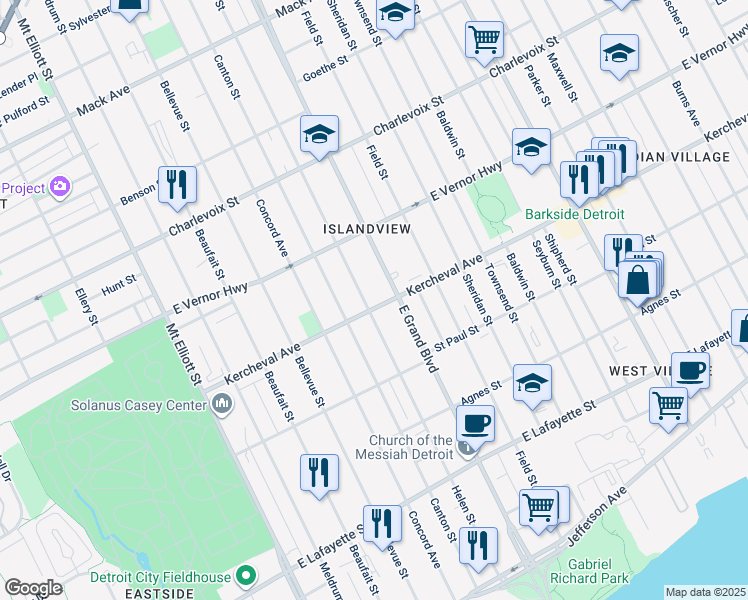 map of restaurants, bars, coffee shops, grocery stores, and more near 7001 Kercheval Avenue in Detroit