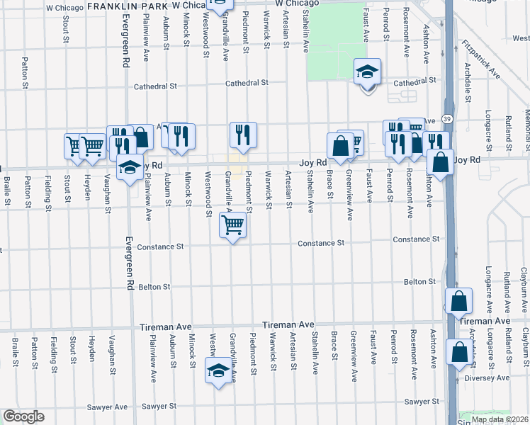 map of restaurants, bars, coffee shops, grocery stores, and more near 8499 Warwick Street in Detroit