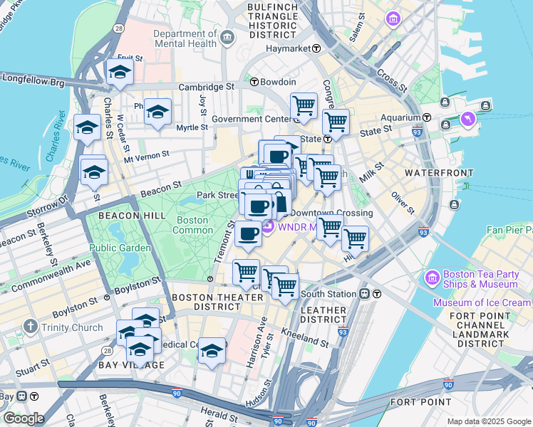 map of restaurants, bars, coffee shops, grocery stores, and more near 24 Winter Street in Boston