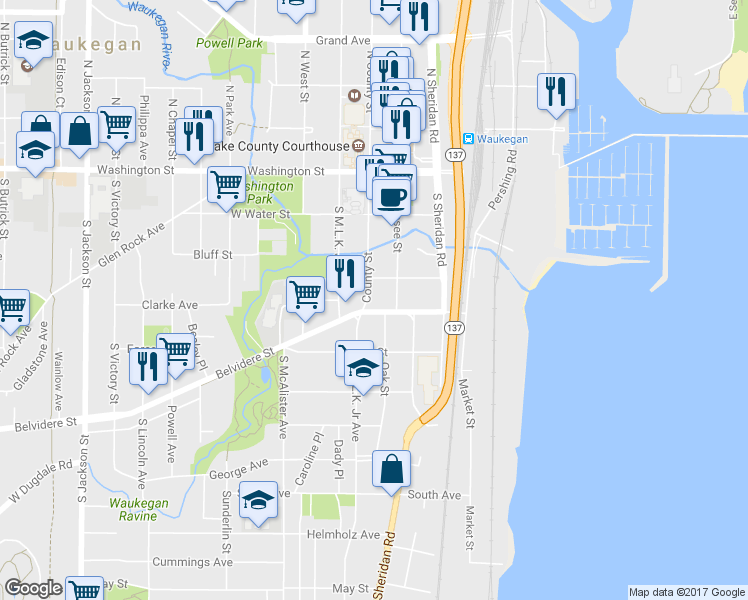 map of restaurants, bars, coffee shops, grocery stores, and more near 219 South County Street in Waukegan