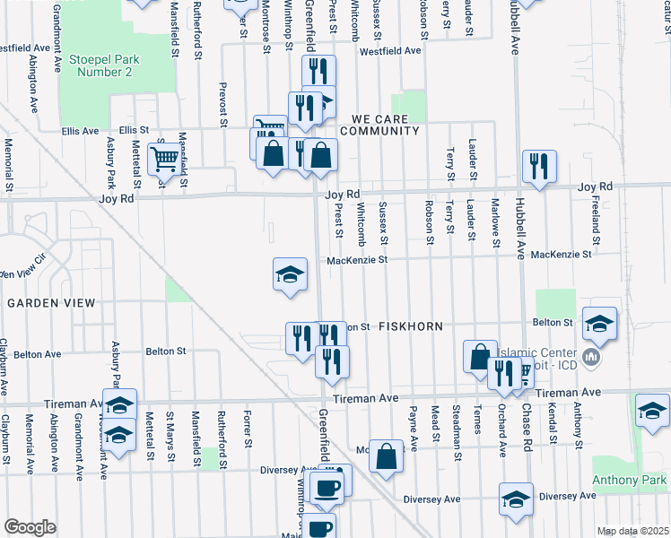 map of restaurants, bars, coffee shops, grocery stores, and more near 8349 Prest Street in Detroit
