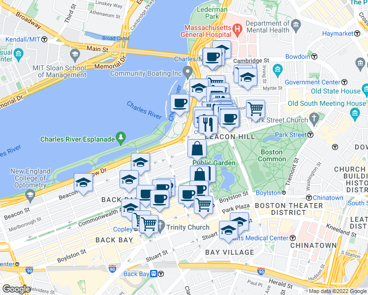 map of restaurants, bars, coffee shops, grocery stores, and more near in Boston