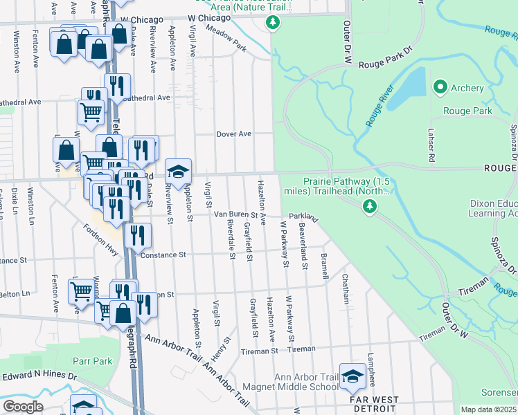 map of restaurants, bars, coffee shops, grocery stores, and more near 8625 Hazelton in Dearborn Heights
