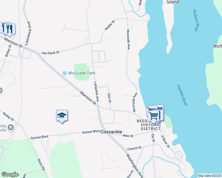 map of restaurants, bars, coffee shops, grocery stores, and more near 27 Elm St in Coxsackie