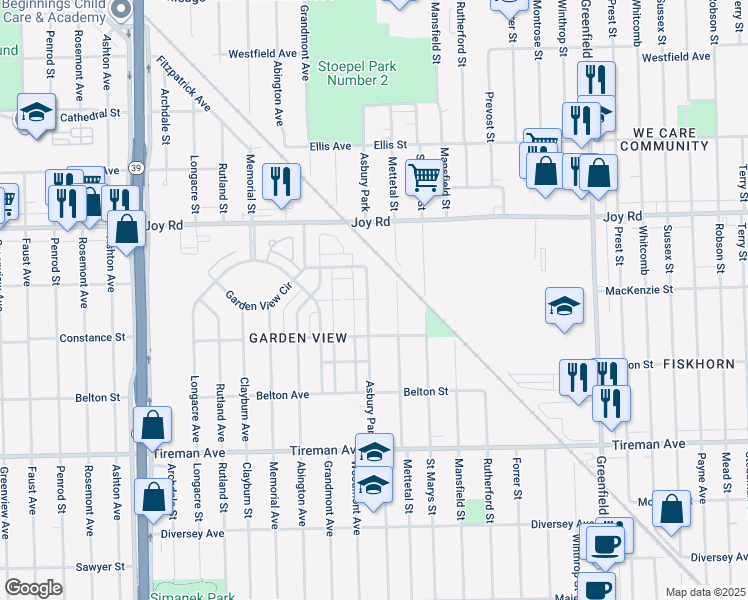 map of restaurants, bars, coffee shops, grocery stores, and more near 8480 Asbury Park in Detroit