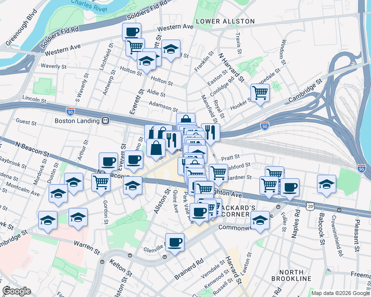 map of restaurants, bars, coffee shops, grocery stores, and more near in Boston