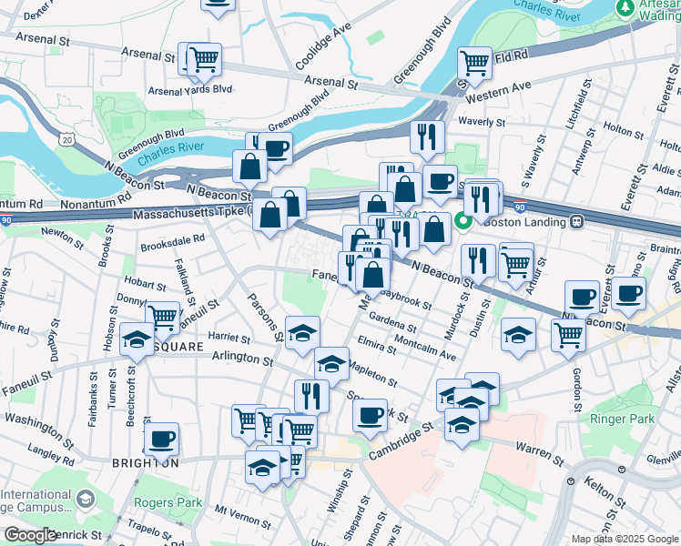 map of restaurants, bars, coffee shops, grocery stores, and more near 27 Faneuil Street in Boston