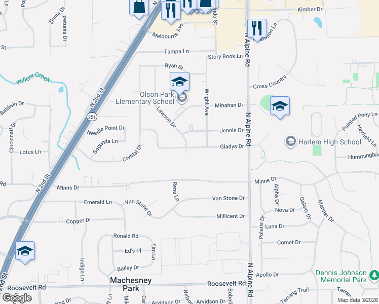 map of restaurants, bars, coffee shops, grocery stores, and more near 1505 Gladys Drive in Machesney Park