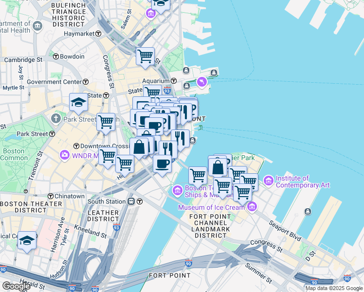 map of restaurants, bars, coffee shops, grocery stores, and more near 406 Atlantic Avenue in Boston