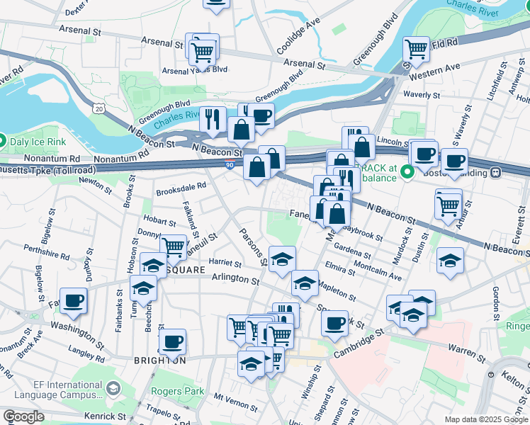 map of restaurants, bars, coffee shops, grocery stores, and more near 52 Goodenough Street in Boston