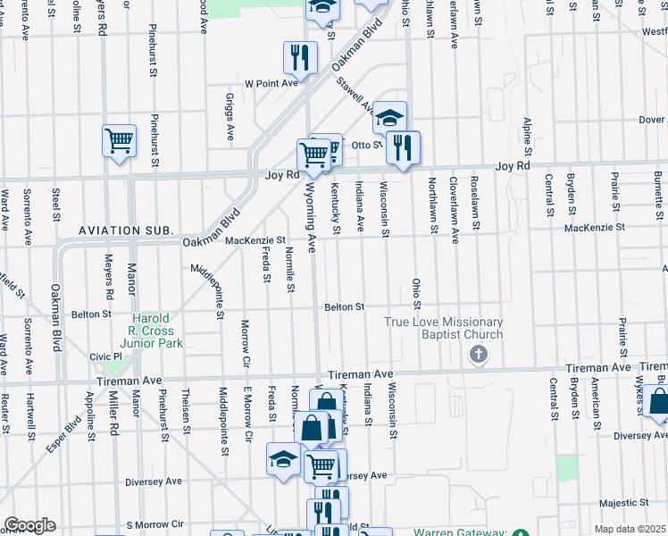 map of restaurants, bars, coffee shops, grocery stores, and more near 8295 Kentucky St in Detroit