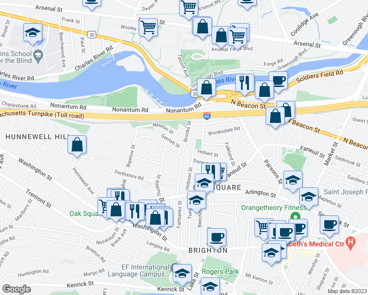 map of restaurants, bars, coffee shops, grocery stores, and more near Brooks St & Hobart St in Boston