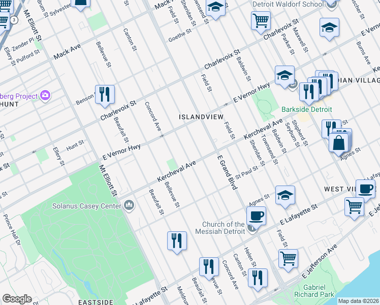 map of restaurants, bars, coffee shops, grocery stores, and more near 2142 Canton Street in Detroit