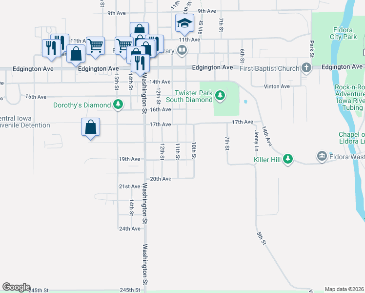 map of restaurants, bars, coffee shops, grocery stores, and more near 1805 11th St in Eldora