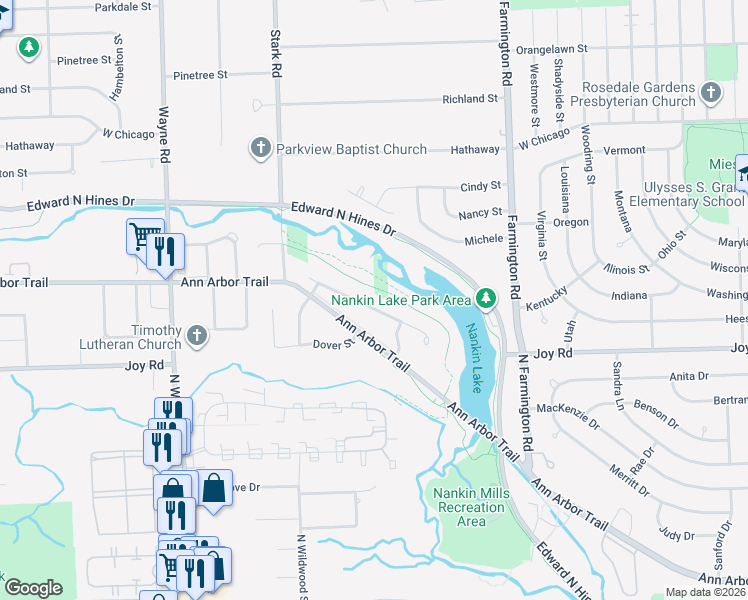 map of restaurants, bars, coffee shops, grocery stores, and more near 33908 Trillium Court in Livonia