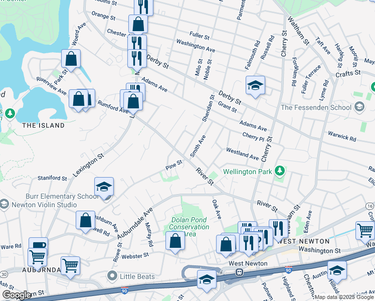 map of restaurants, bars, coffee shops, grocery stores, and more near 124 Sheridan Street in Newton