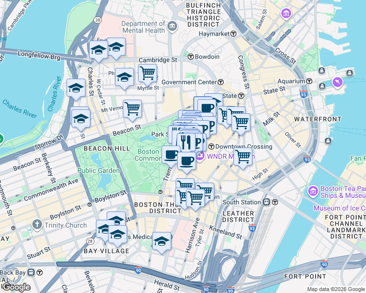 map of restaurants, bars, coffee shops, grocery stores, and more near Temple Place in Boston