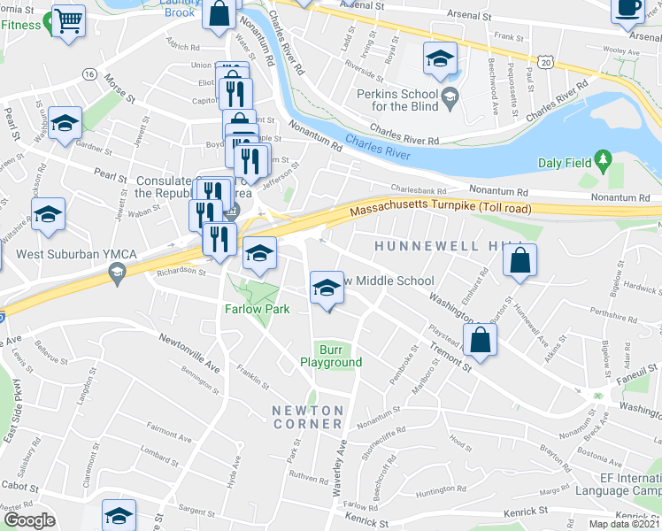 map of restaurants, bars, coffee shops, grocery stores, and more near 15 Hibbard Road in Newton