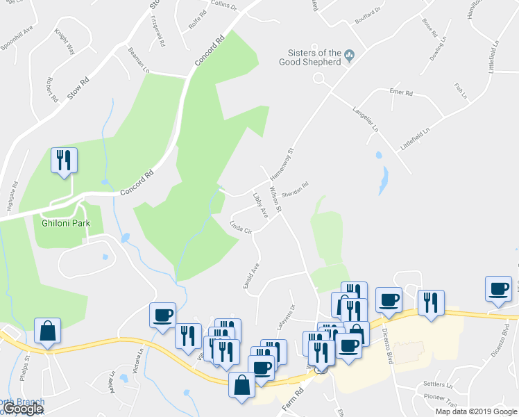 map of restaurants, bars, coffee shops, grocery stores, and more near 35 Libby Avenue in Marlborough