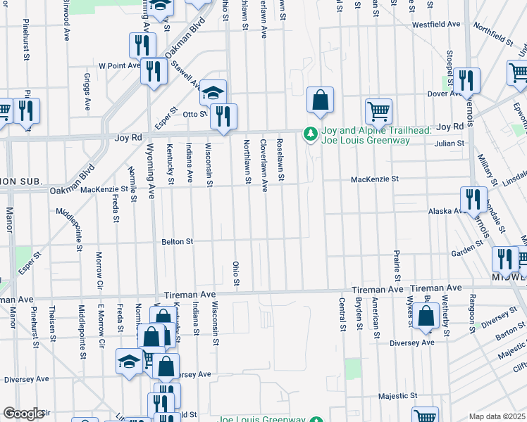 map of restaurants, bars, coffee shops, grocery stores, and more near 8287 Cloverlawn Avenue in Detroit