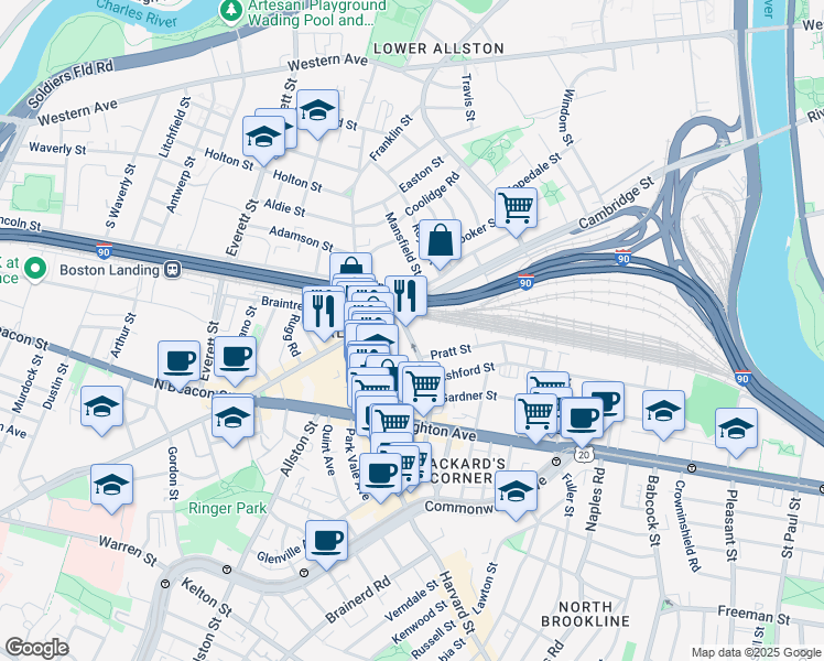 map of restaurants, bars, coffee shops, grocery stores, and more near 16 Highgate Street in Boston