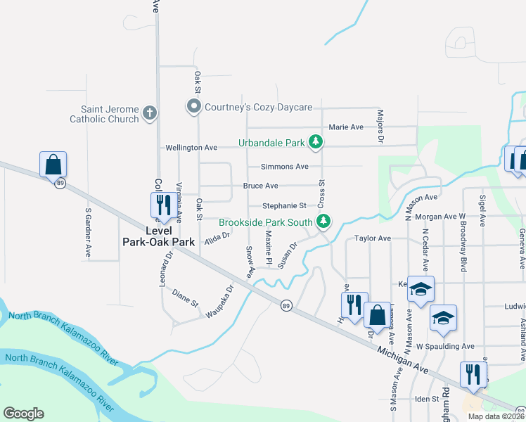 map of restaurants, bars, coffee shops, grocery stores, and more near 647 Stephanie Street in Battle Creek
