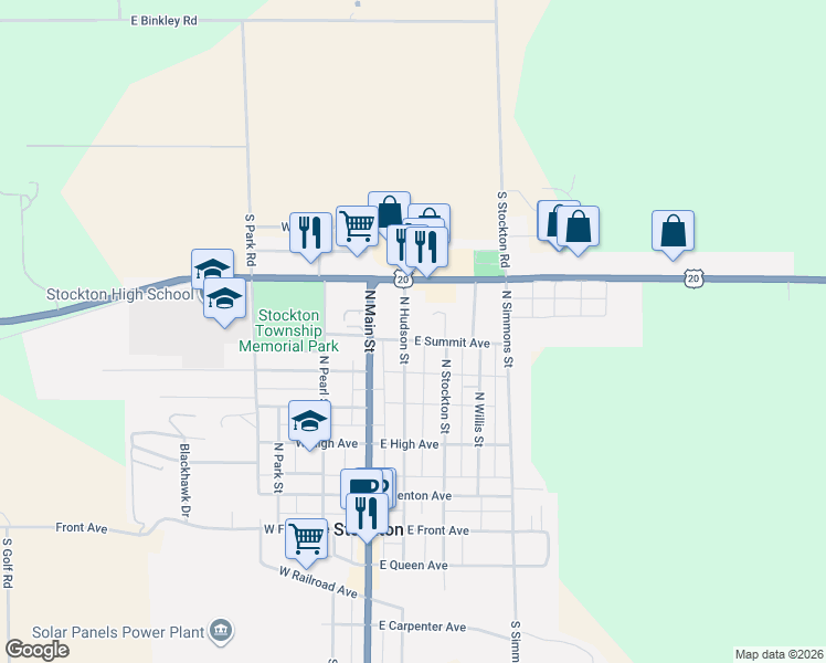 map of restaurants, bars, coffee shops, grocery stores, and more near 620 North Stockton Drive in Stockton