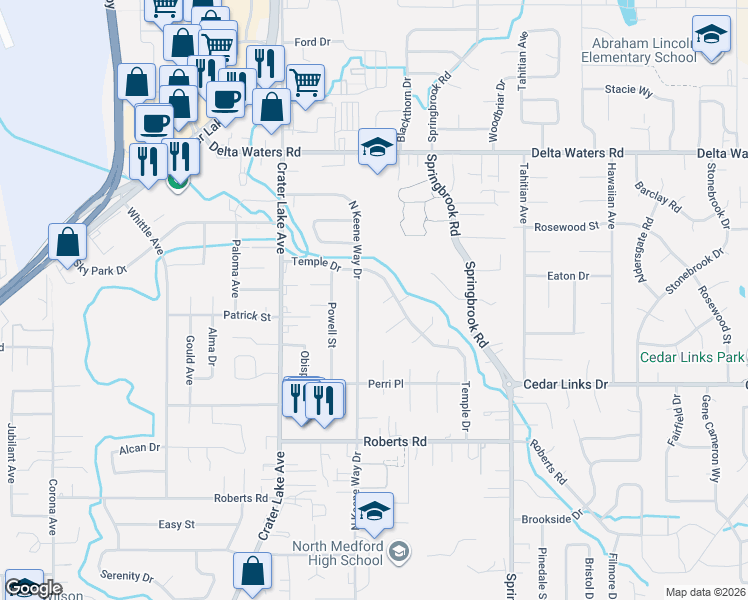 map of restaurants, bars, coffee shops, grocery stores, and more near 2577 Lausanne Circle in Medford
