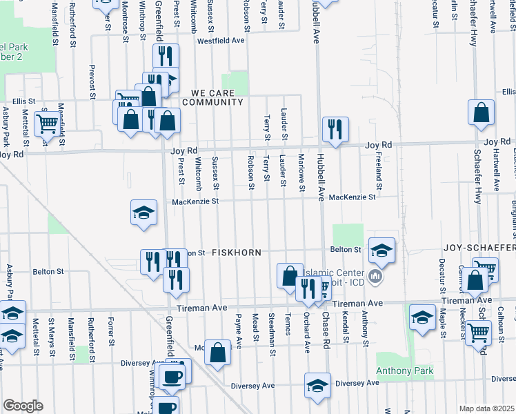 map of restaurants, bars, coffee shops, grocery stores, and more near 8340 Robson Street in Detroit