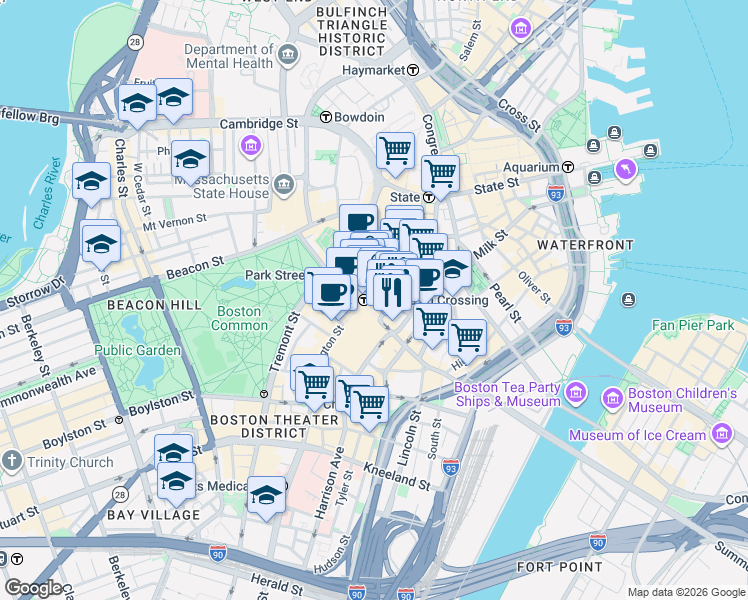 map of restaurants, bars, coffee shops, grocery stores, and more near in Boston
