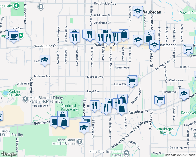 map of restaurants, bars, coffee shops, grocery stores, and more near 1715 Melrose Avenue in Waukegan