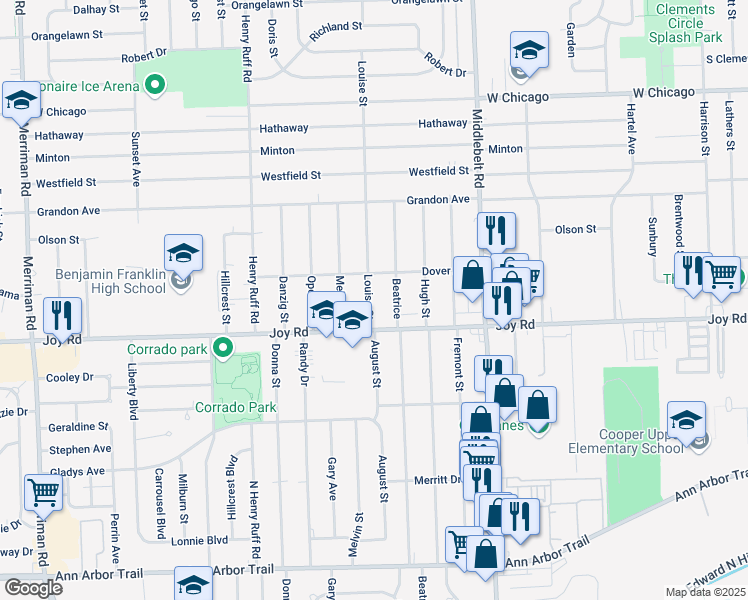 map of restaurants, bars, coffee shops, grocery stores, and more near 8888 Louise Street in Livonia