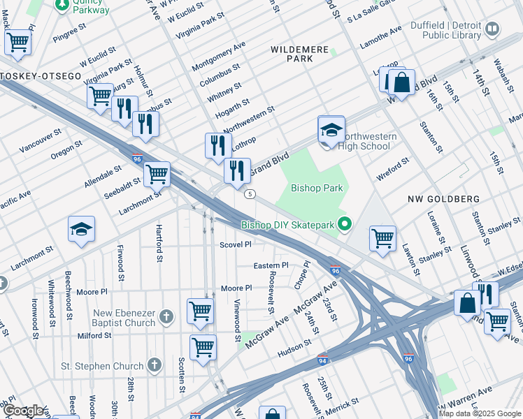 map of restaurants, bars, coffee shops, grocery stores, and more near 6800 Taft Street in Detroit