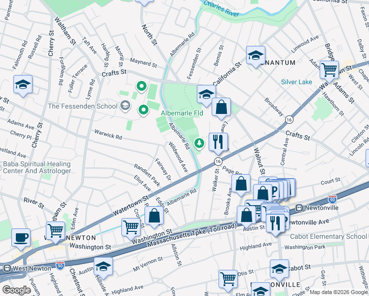 map of restaurants, bars, coffee shops, grocery stores, and more near 28 Wildwood Avenue in Newton