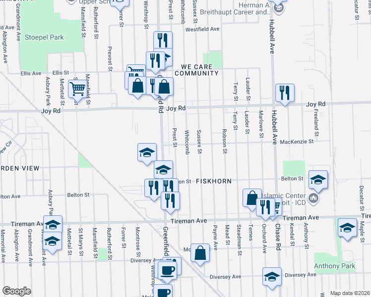 map of restaurants, bars, coffee shops, grocery stores, and more near 8338 Whitcomb in Detroit