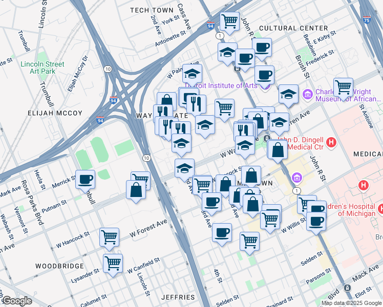 map of restaurants, bars, coffee shops, grocery stores, and more near 5050 Anthony Wayne Drive in Detroit