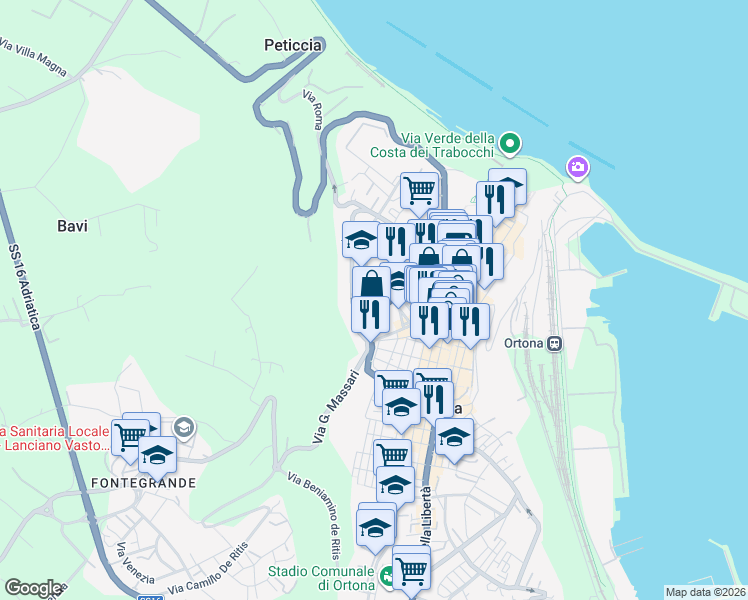 map of restaurants, bars, coffee shops, grocery stores, and more near 30 Via dei Frentani in Ortona