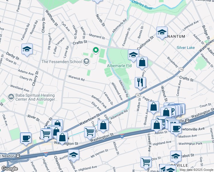 map of restaurants, bars, coffee shops, grocery stores, and more near 138 Warwick Road in Newton