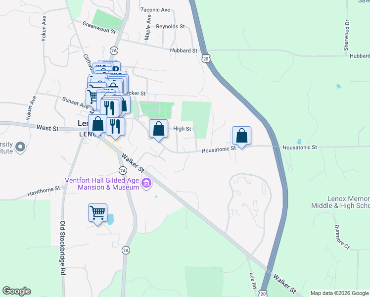 map of restaurants, bars, coffee shops, grocery stores, and more near 133 Housatonic Street in Lenox