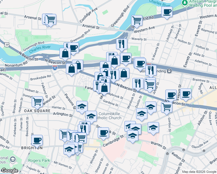 map of restaurants, bars, coffee shops, grocery stores, and more near 200-202 Market Street in Boston