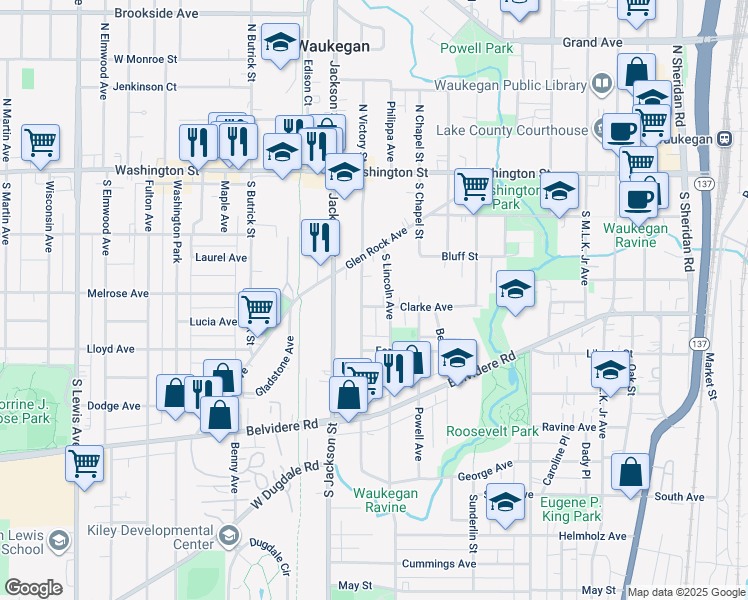 map of restaurants, bars, coffee shops, grocery stores, and more near 914 Clarke Avenue in Waukegan