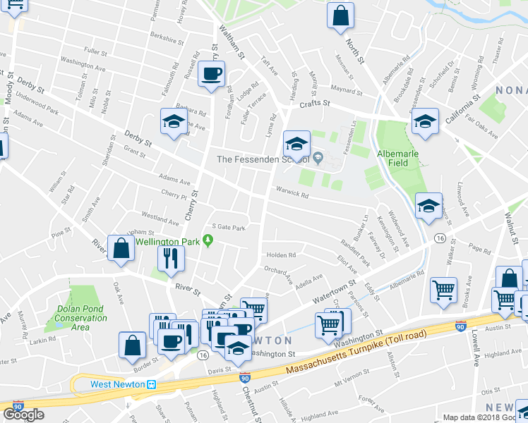 map of restaurants, bars, coffee shops, grocery stores, and more near 335 Waltham Street in Newton