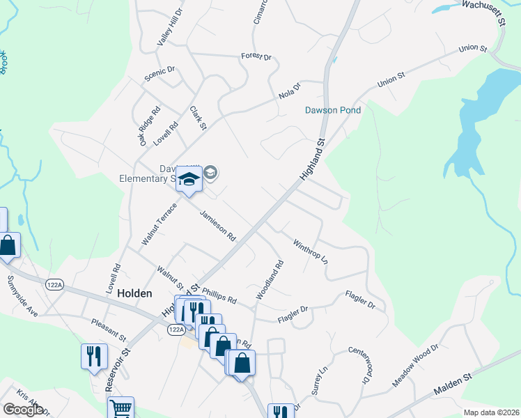 map of restaurants, bars, coffee shops, grocery stores, and more near 165 Highland Street in Holden