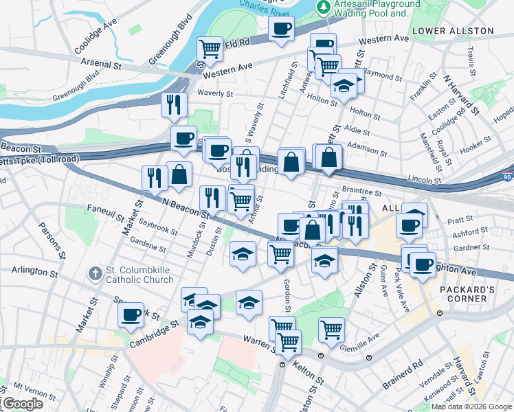 map of restaurants, bars, coffee shops, grocery stores, and more near 100 Arthur Street in Boston