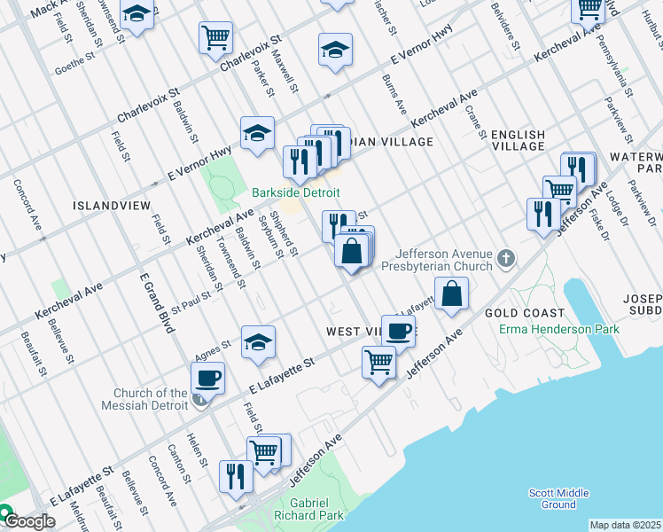 map of restaurants, bars, coffee shops, grocery stores, and more near 1449 Van Dyke Street in Detroit